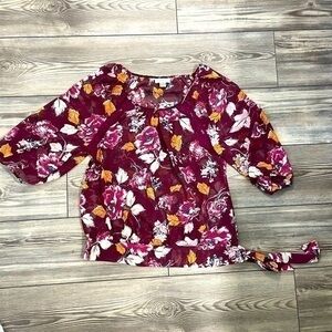 LOFT Floral Flowy 3/4 Sheer Blouse With Hip Sash Size Medium